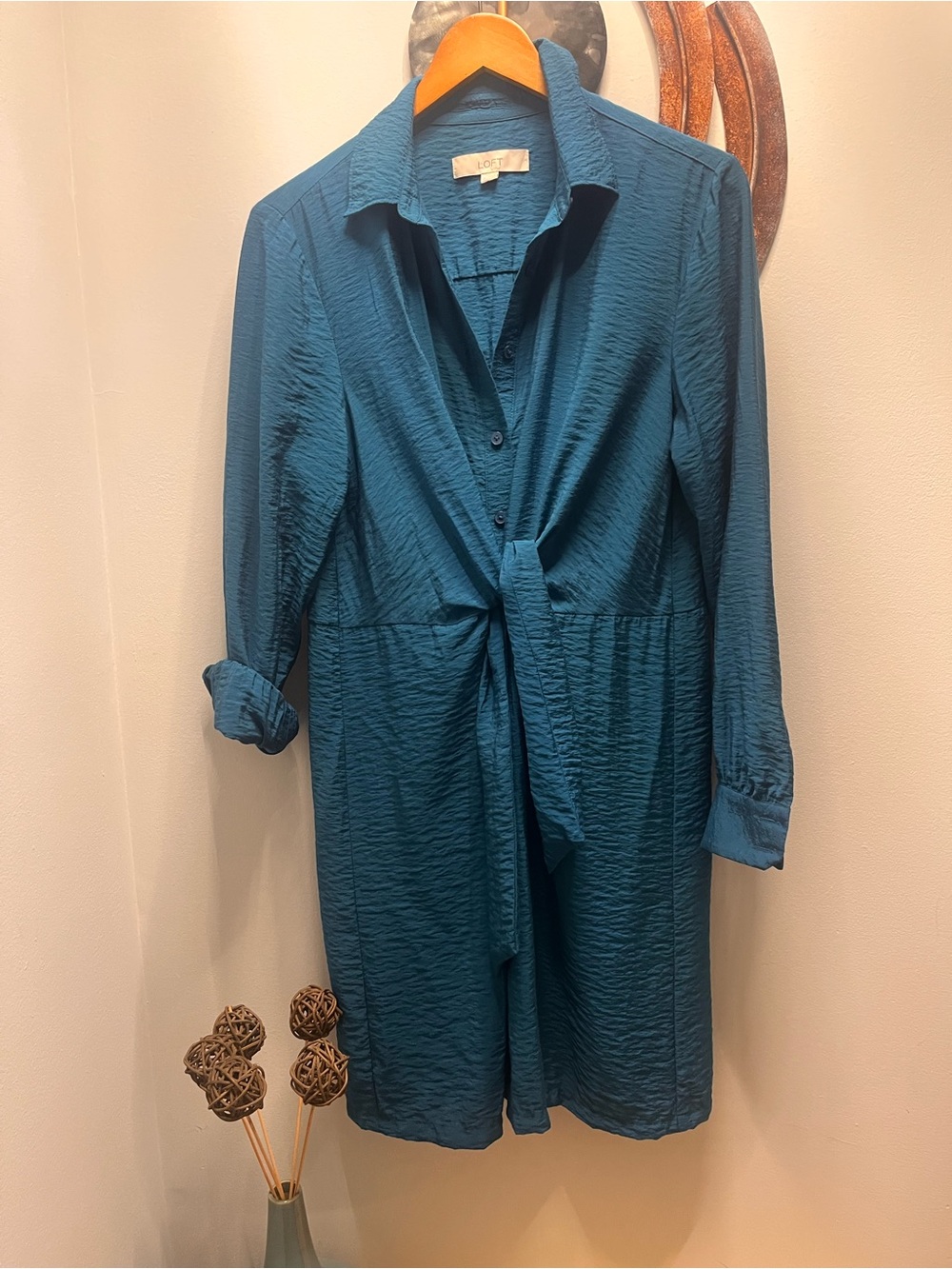 LOFT Teal Textured Tie-Front Long Sleeve Dress 6 - Picture 2 of 15